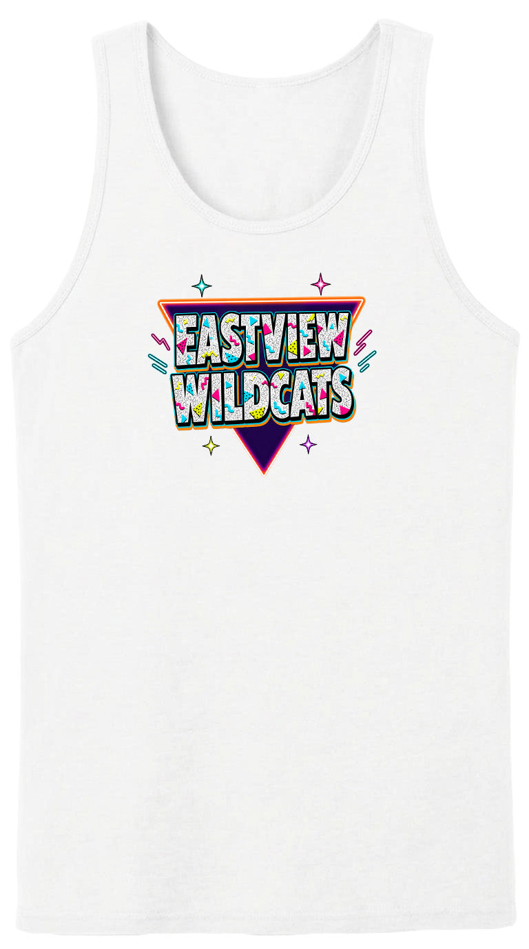 A white tank top with a colorful graphic design featuring the text "EASTVIEW WILDCATS" in a retro style.
