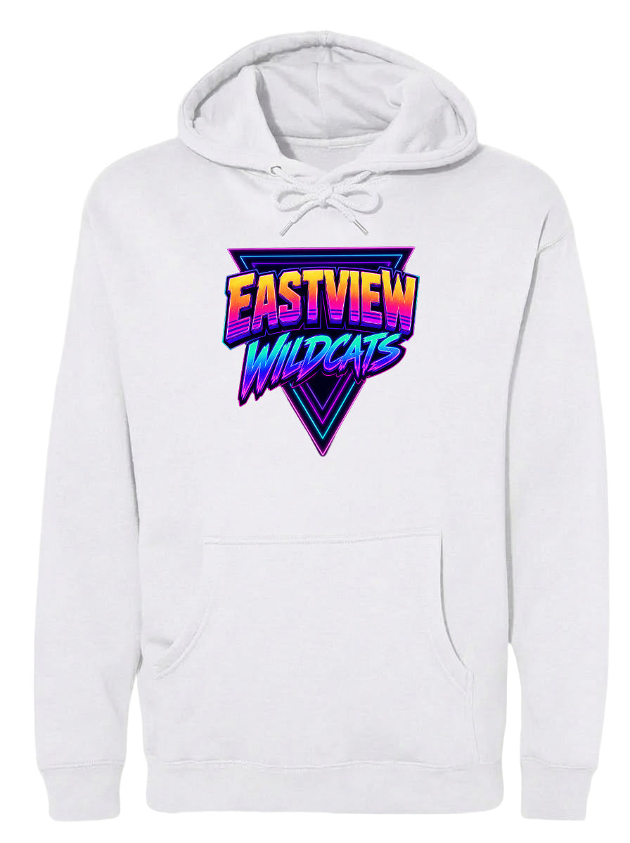 A white hoodie with a graphic design featuring the text "EASTVIEW WILDCATS" in a colorful, retro-style font.