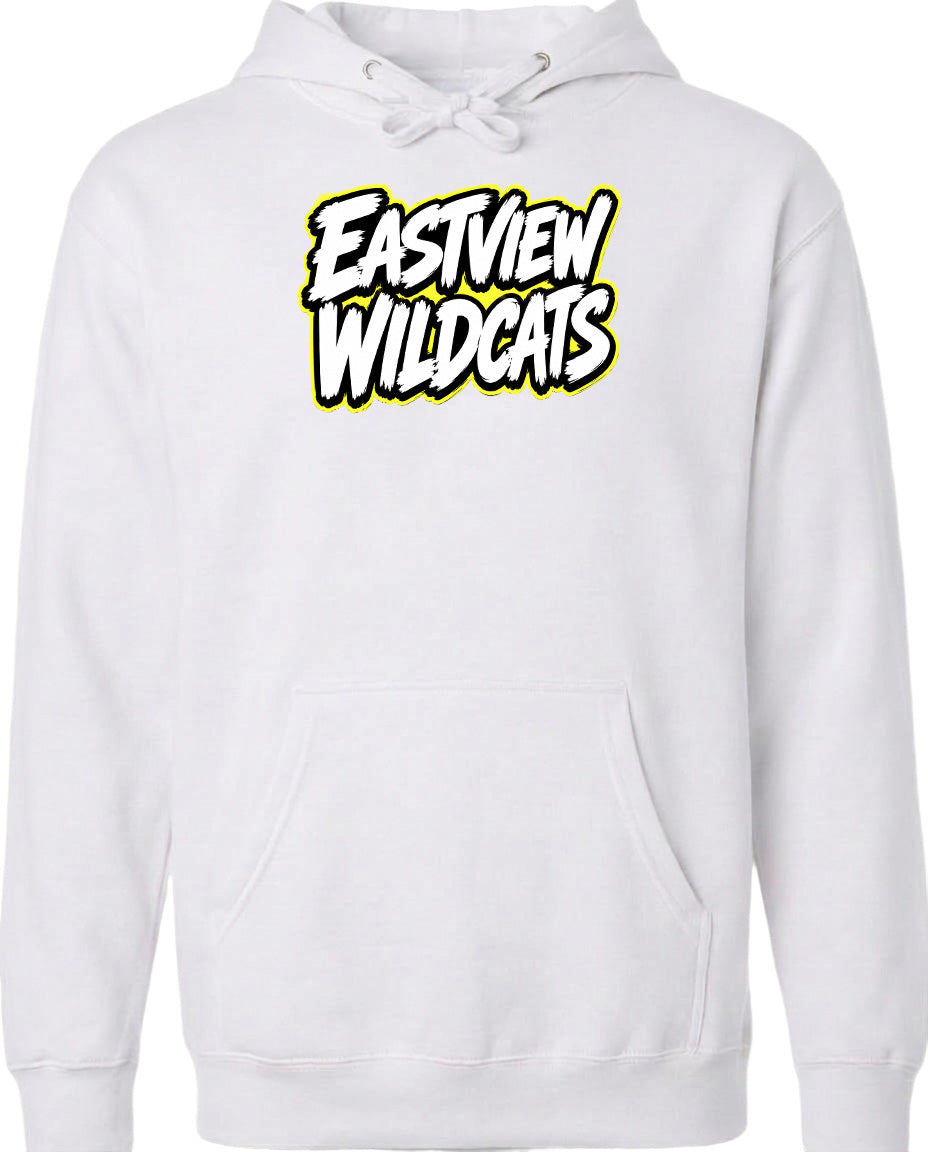 A white hoodie with the text "Eastview Wildcats" printed on it.