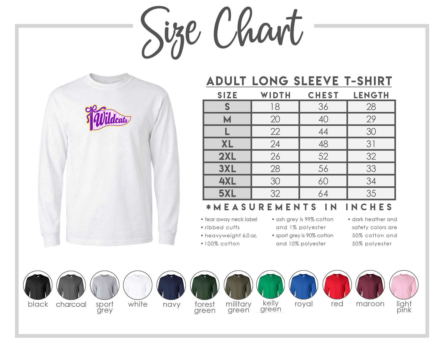 The image is a size chart for an adult long sleeve t-shirt, providing measurements and corresponding shirt colors.