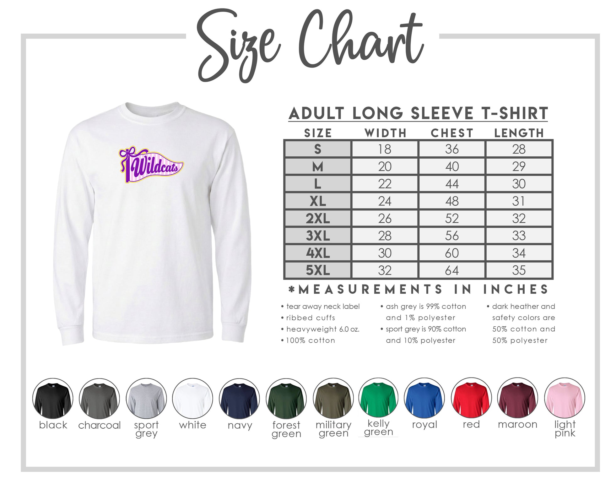 The image is a size chart for an adult long sleeve t-shirt, providing measurements and corresponding shirt colors.