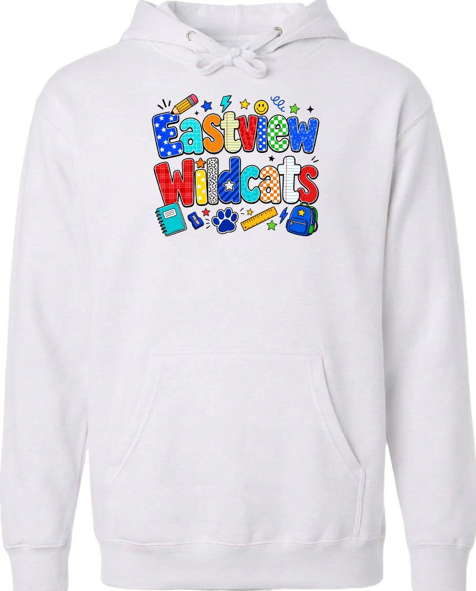 A white hoodie with a colorful graphic design featuring the text "Eastview Wildcats" and various school-related icons such as a backpack, pencil, and book.