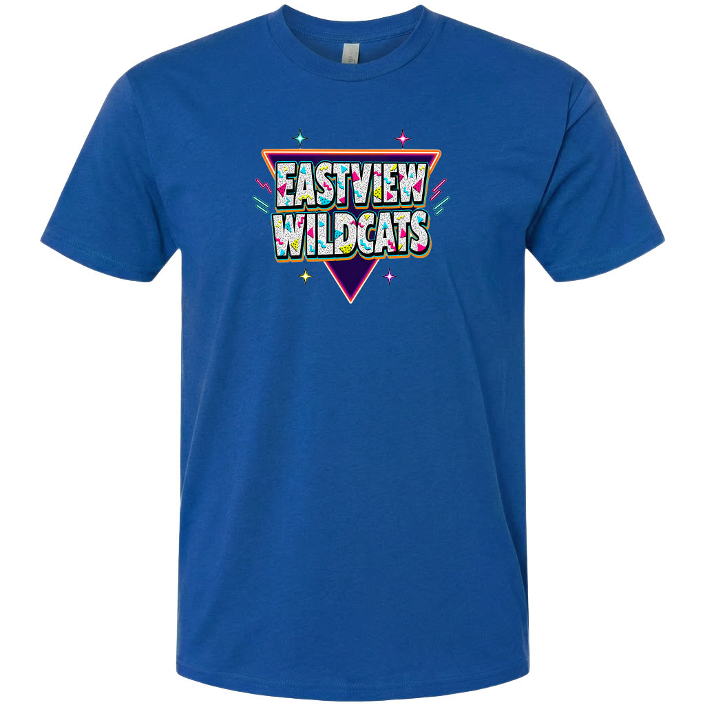 A blue t-shirt with a colorful graphic design featuring the text "EASTVIEW WILDCATS" in a stylized font.