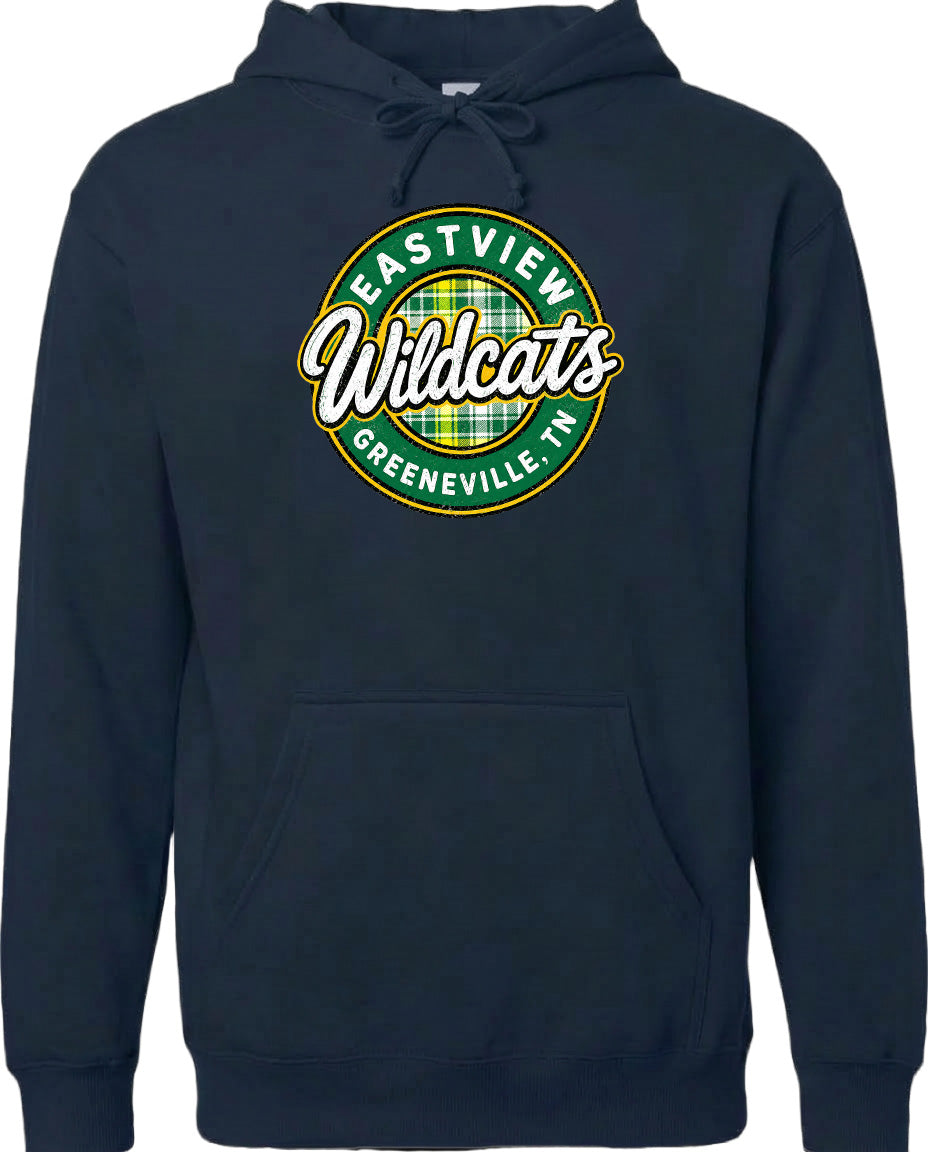 A navy blue hoodie with a circular logo on the front. The logo features the text "EASTVIEW Wildcats" and "GREENVILLE, TN" in a stylized font.