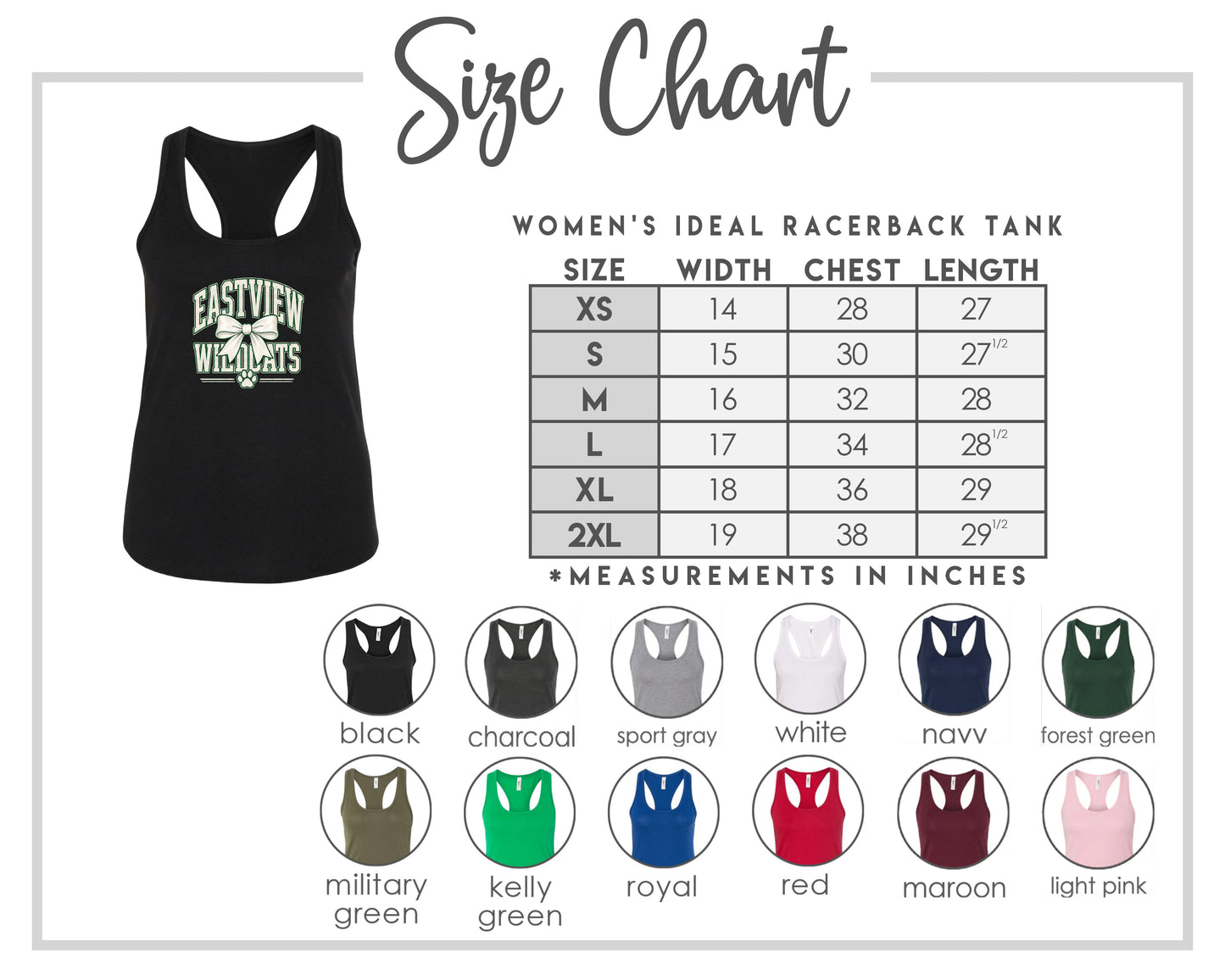 The image is a size chart for a women's ideal racerback tank, including various color options and corresponding chest measurements.