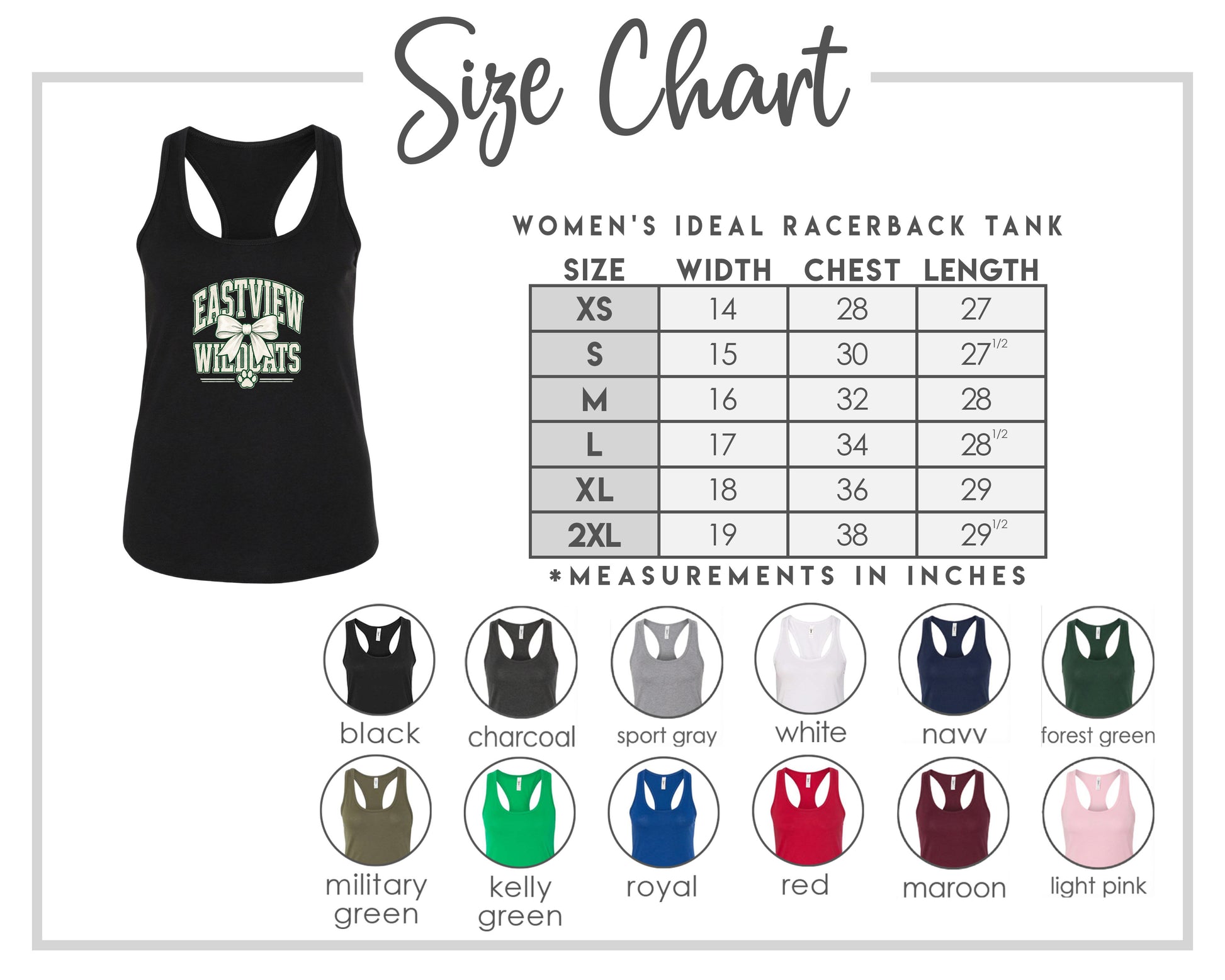 The image is a size chart for a women's ideal racerback tank, including various color options and corresponding chest measurements.