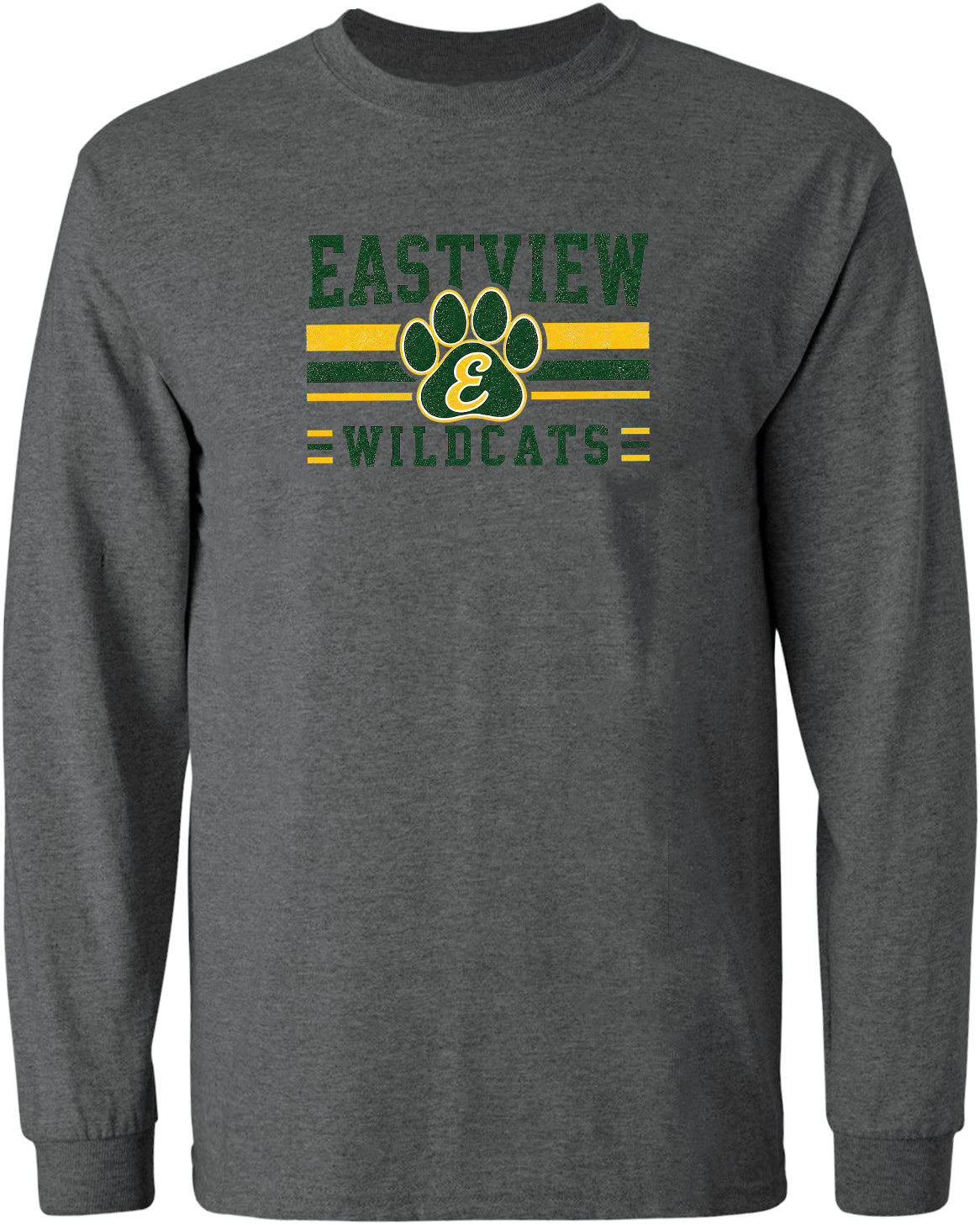 A gray long-sleeved t-shirt with a graphic design featuring a paw print and the text "EASTVIEW WILDCATS" printed on it.