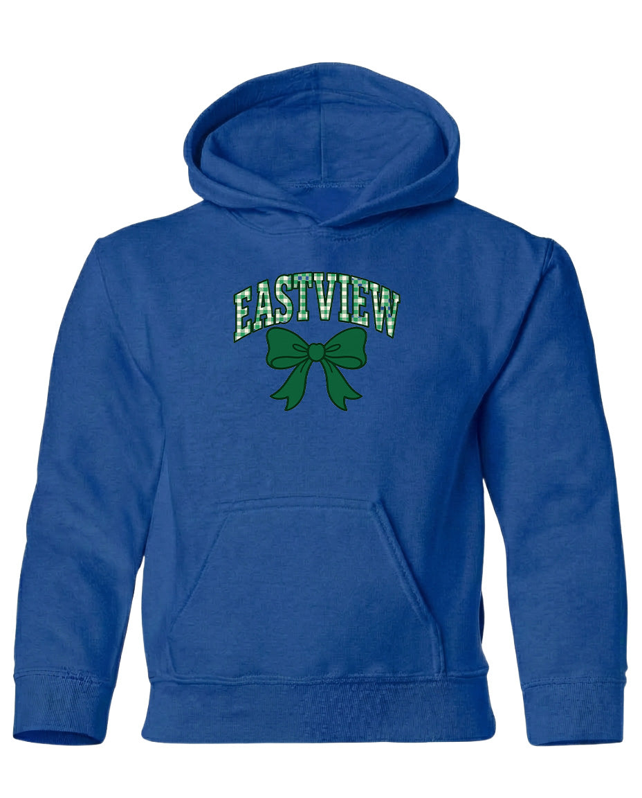 A blue hoodie with a green bow and the text "EASTVIEW" printed on it.