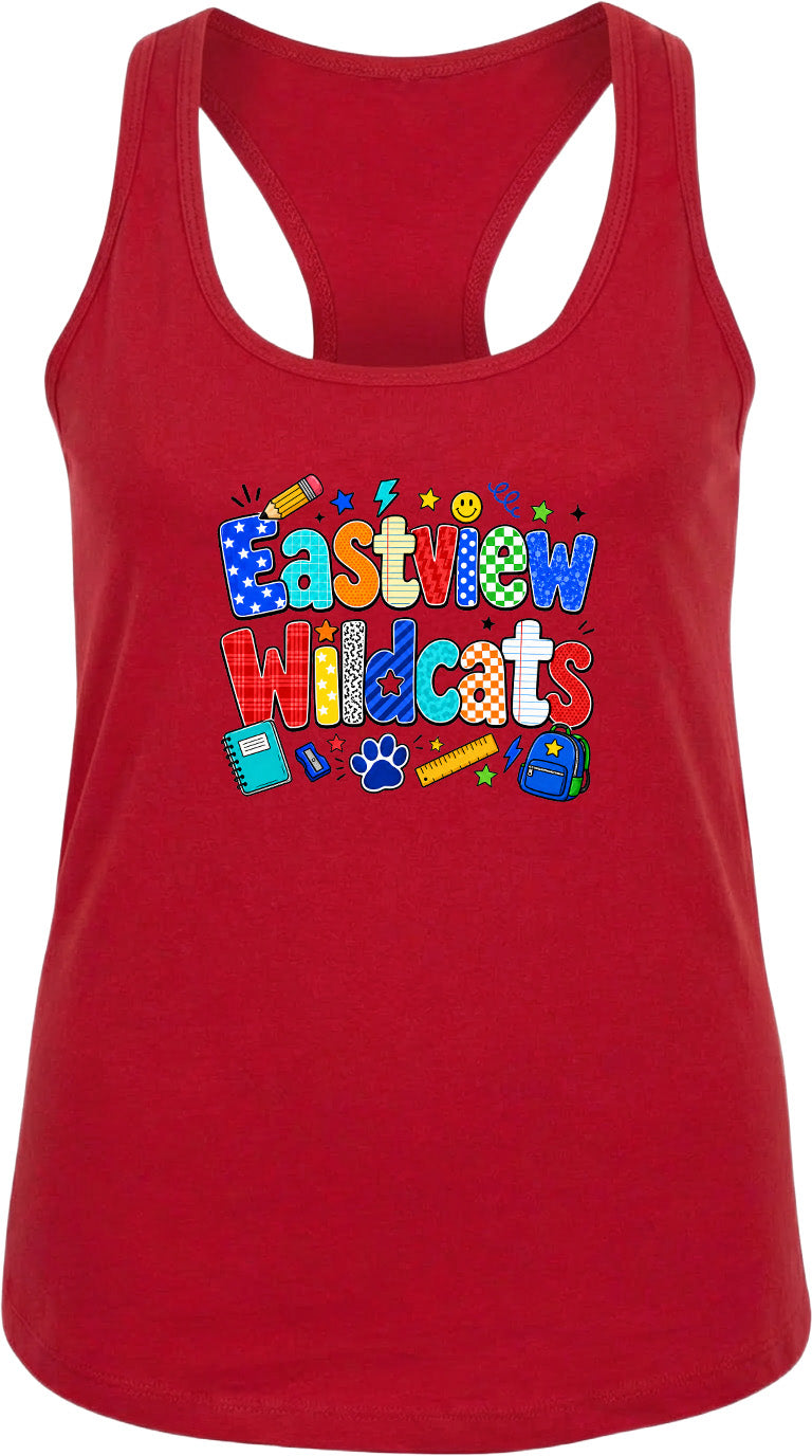 A red tank top with the text "Eastview Wildcats" printed on it.