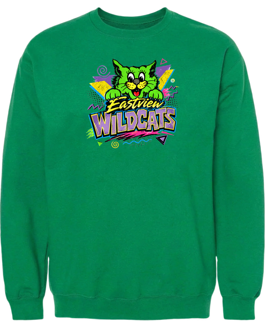 A bright green sweatshirt with a colorful graphic design featuring a cartoon cat and the text "Eastview Wildcats".