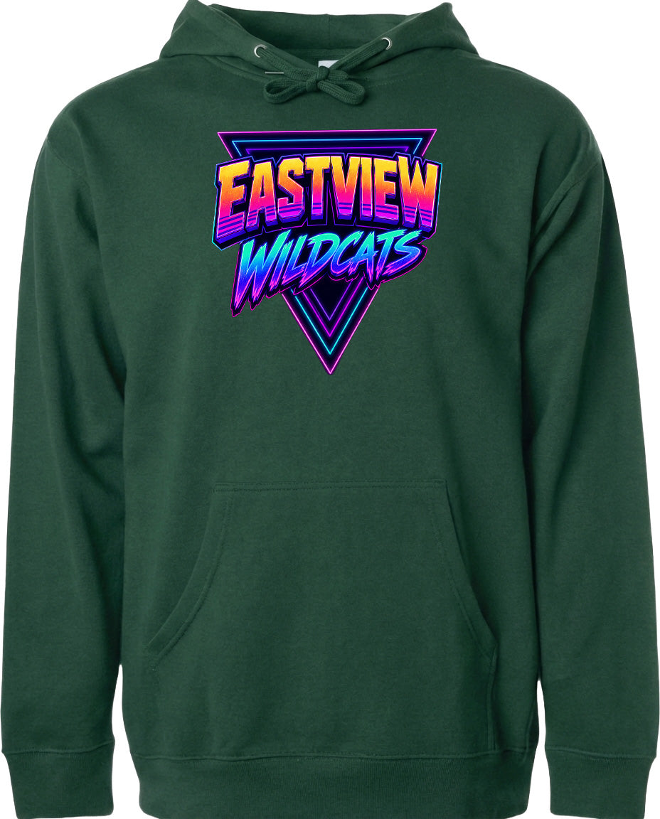 A green hoodie with a graphic design featuring the text "EASTVIEW WILDCATS" in a retro style.