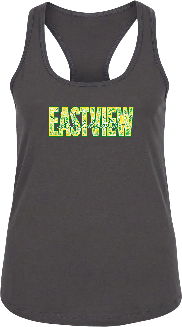 A gray tank top with the word "EASTVIEW" printed in large, colorful letters across the front.