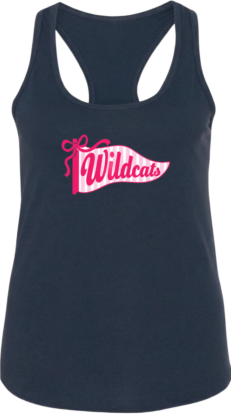 A navy blue tank top with a pink and white banner that says "Wildcats".
