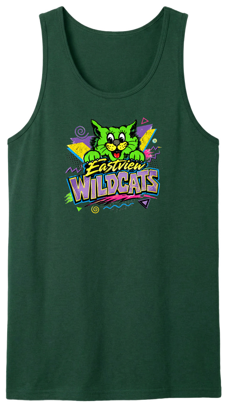 A green tank top with a colorful graphic design featuring a cartoon cat and the text "Easiest Wildcats" printed on it.