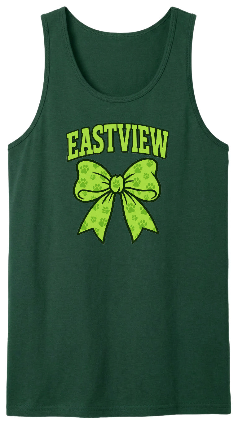 A green tank top with a large green bow and paw prints printed on it.