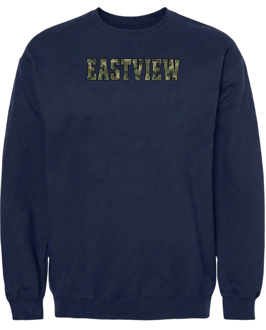 A navy blue sweatshirt with the word "EASTVIEW" printed on it in a camouflage pattern.