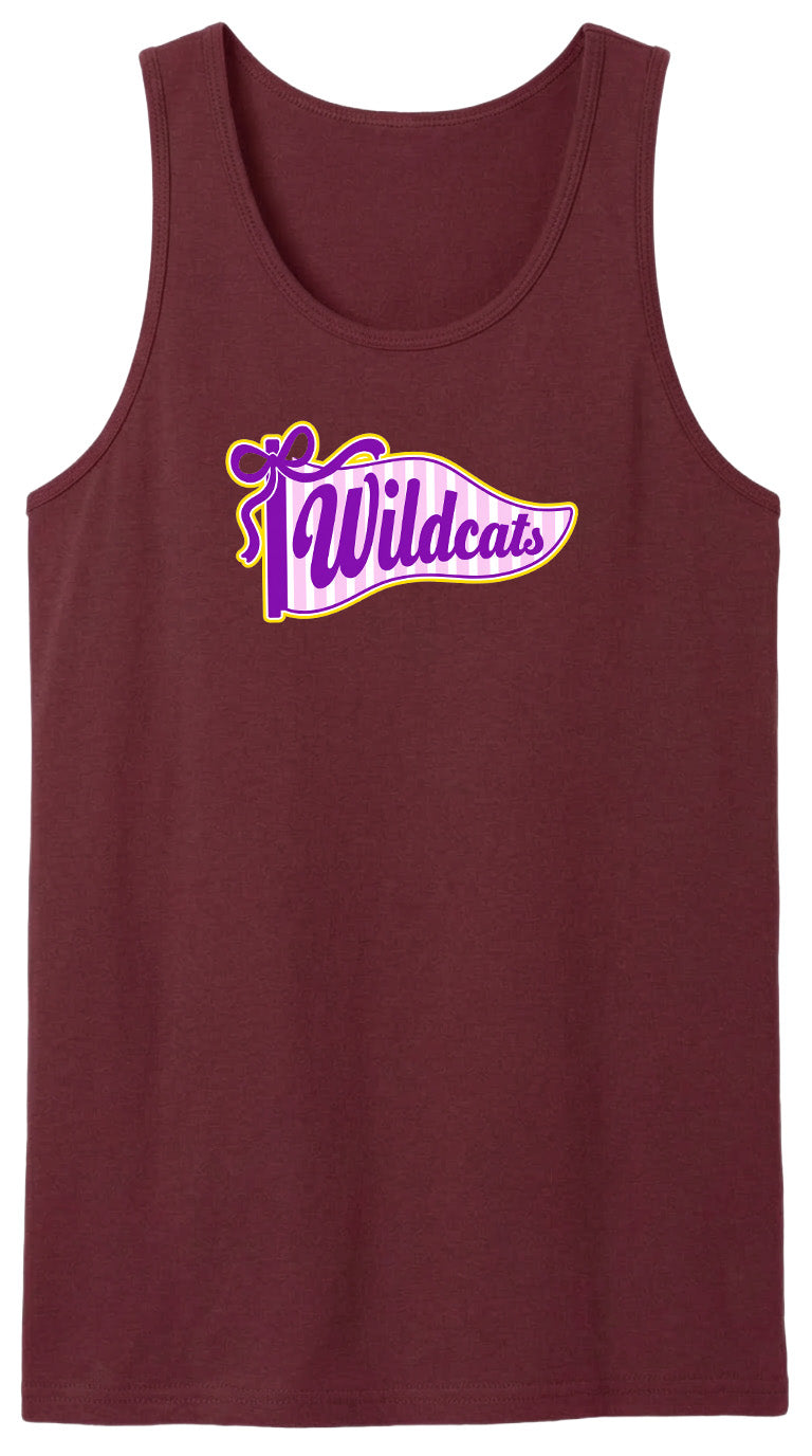 A burgundy tank top with a graphic design featuring the text "Wildcats" in purple and yellow colors.