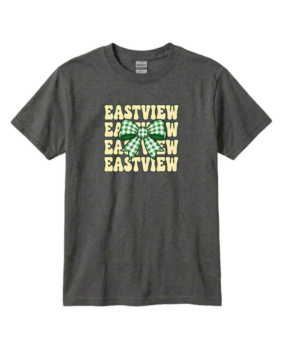 A gray t-shirt with a graphic design featuring the text "EASTVIEW" repeated in a vertical pattern, with a green and white bow in the center.