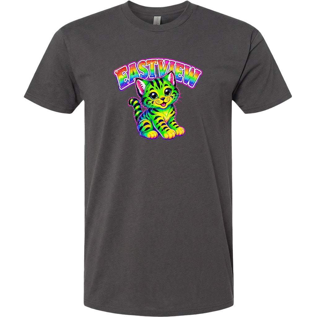A gray t-shirt with a colorful graphic design depicting a cat with a rainbow-colored pattern.