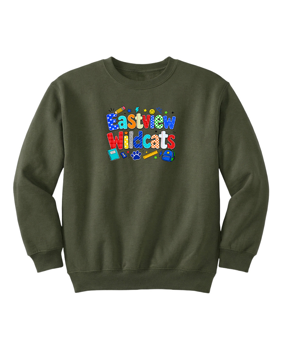 A dark green sweatshirt with a colorful graphic design on the front.