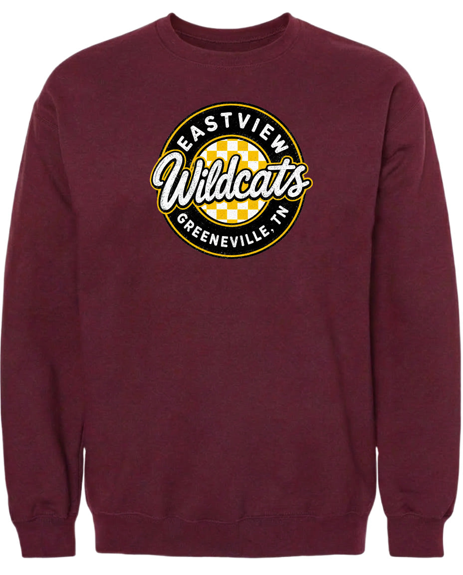 A burgundy sweatshirt with a circular logo that says "EASTVIEW WILDCATS GREENEVILLE, TENN."