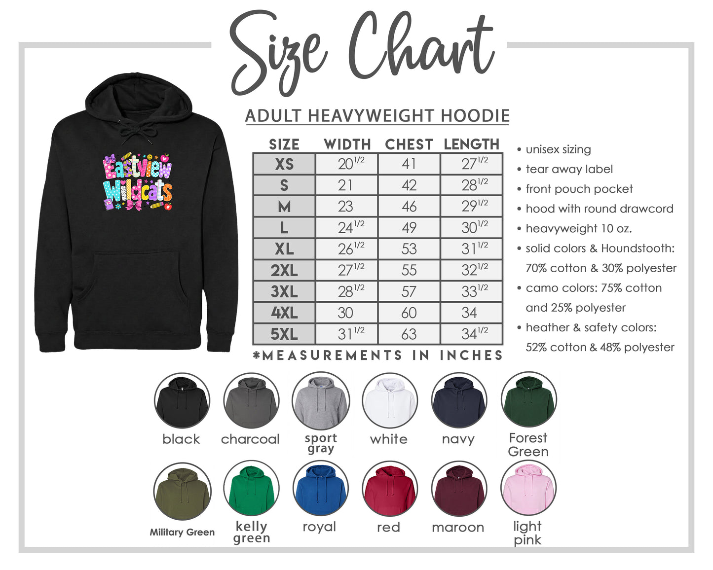 The image is a size chart for an adult heavyweight hoodie, including various color options and measurements in inches.