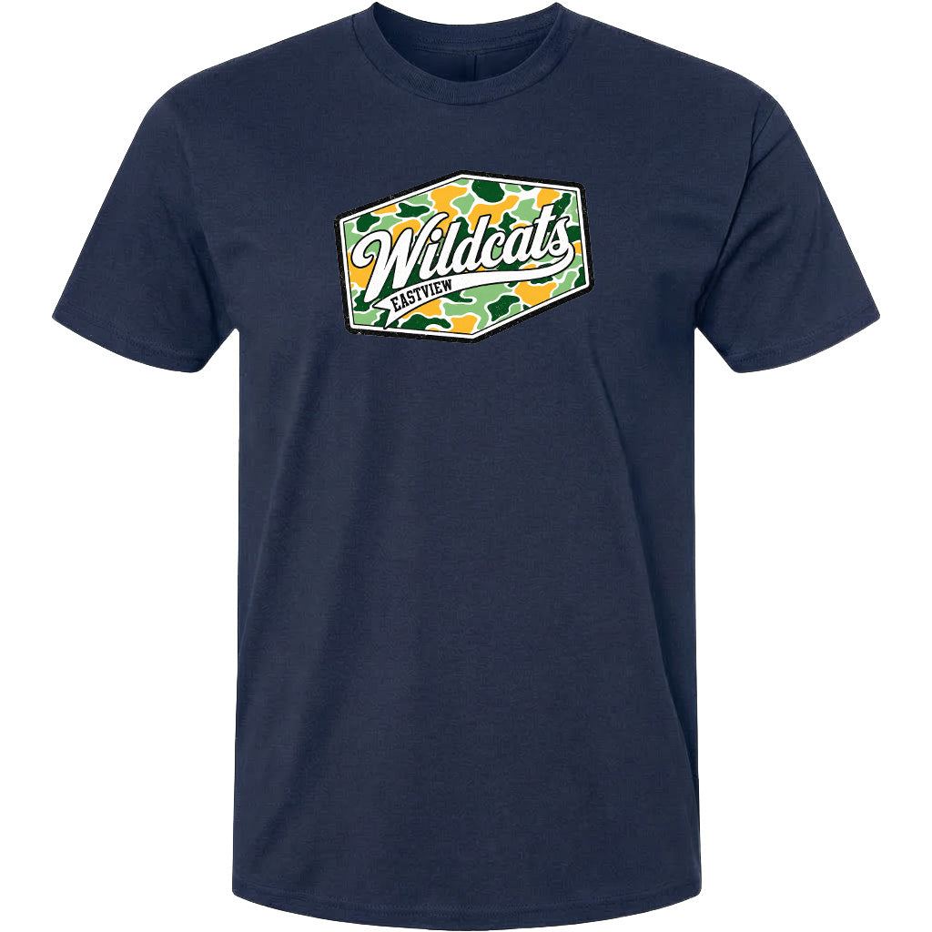 A navy blue t-shirt with a graphic design featuring the word "Wildcats" in a stylized font, surrounded by a camouflage pattern.