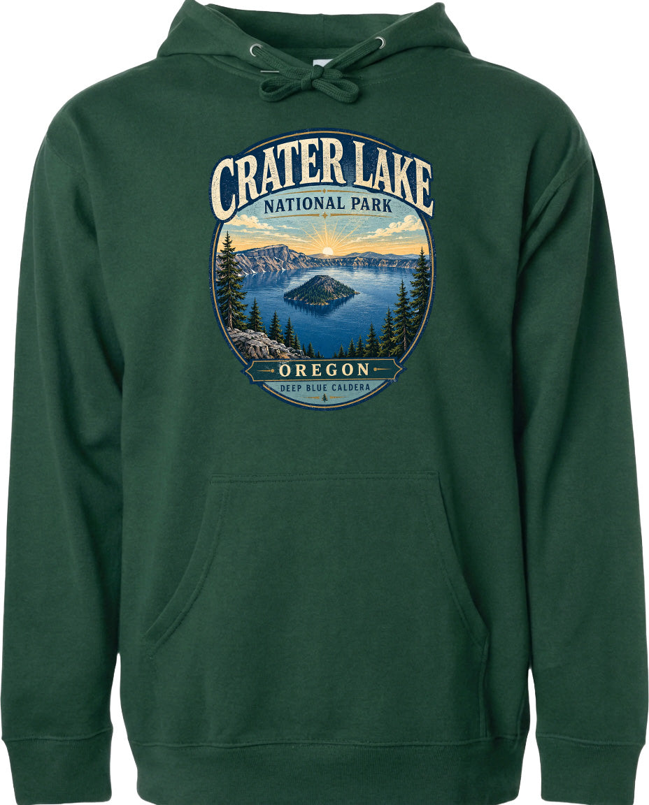 A green hoodie with a graphic design depicting Crater Lake National Park in Oregon.