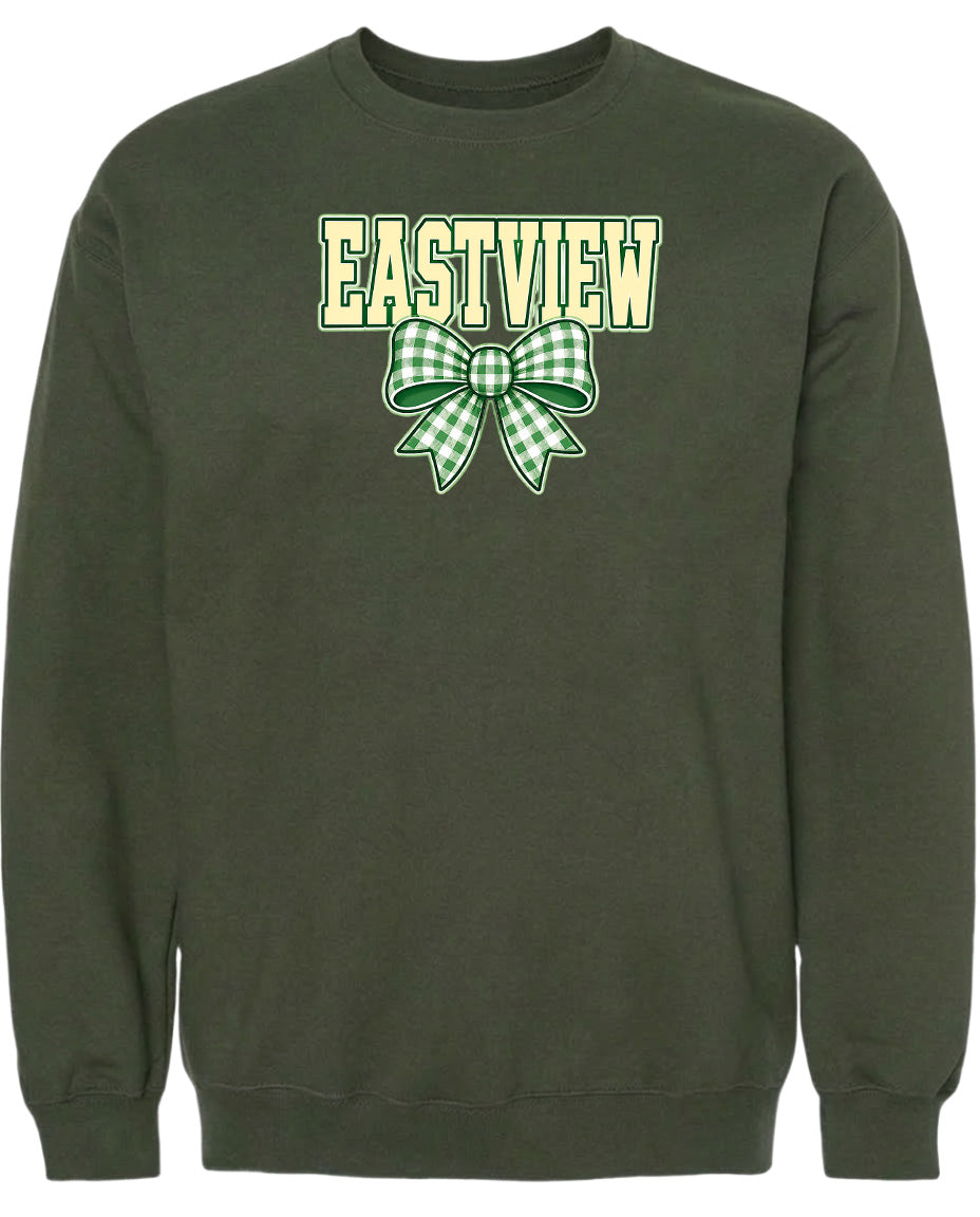 A dark green sweatshirt with a large green bow and the word "EASTVIEW" printed on it.