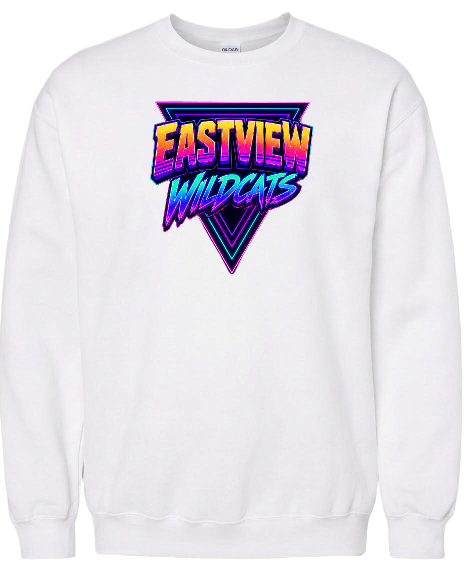 A white sweatshirt with a graphic design featuring the text "EASTVIEW WILDCATS" in a colorful, retro-style font.