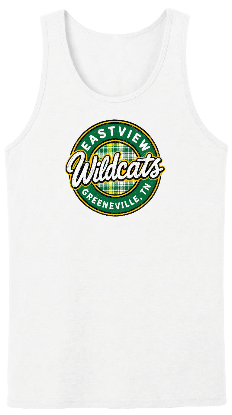 A white tank top with a circular logo that says "EASTVIEW WILDCATS GREENEVILLE TENN".