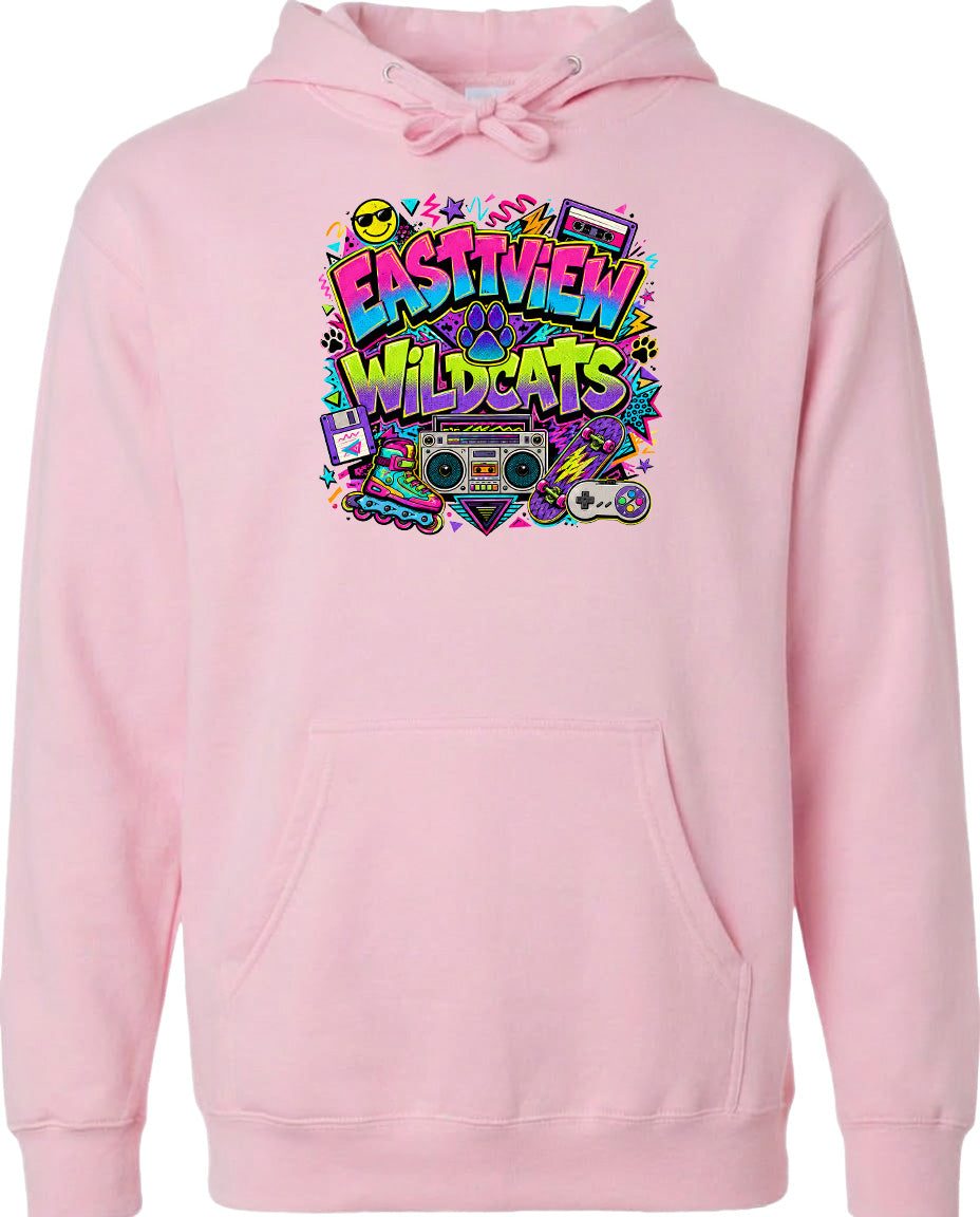 A pink hoodie with a colorful graphic design featuring a boombox, sunglasses, and various other elements.