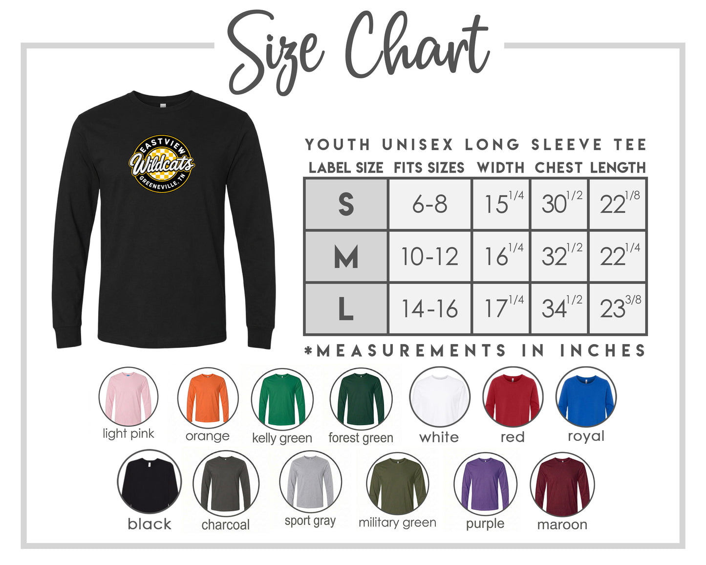 The image is a size chart for a youth unisex long sleeve tee, including various color options and corresponding measurements.