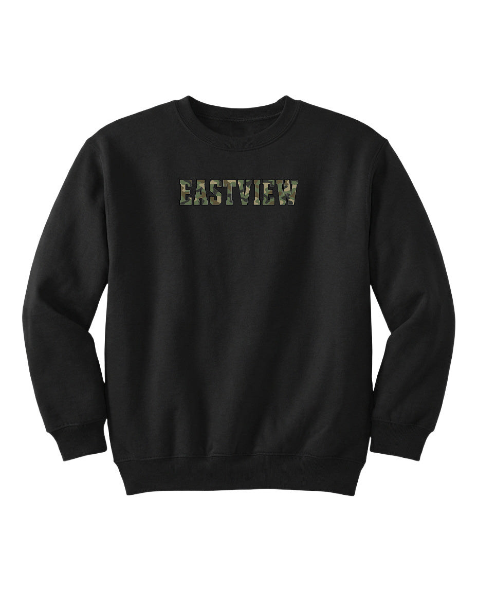 A black sweatshirt with the word "EASTVIEW" printed on it in a camouflage pattern.