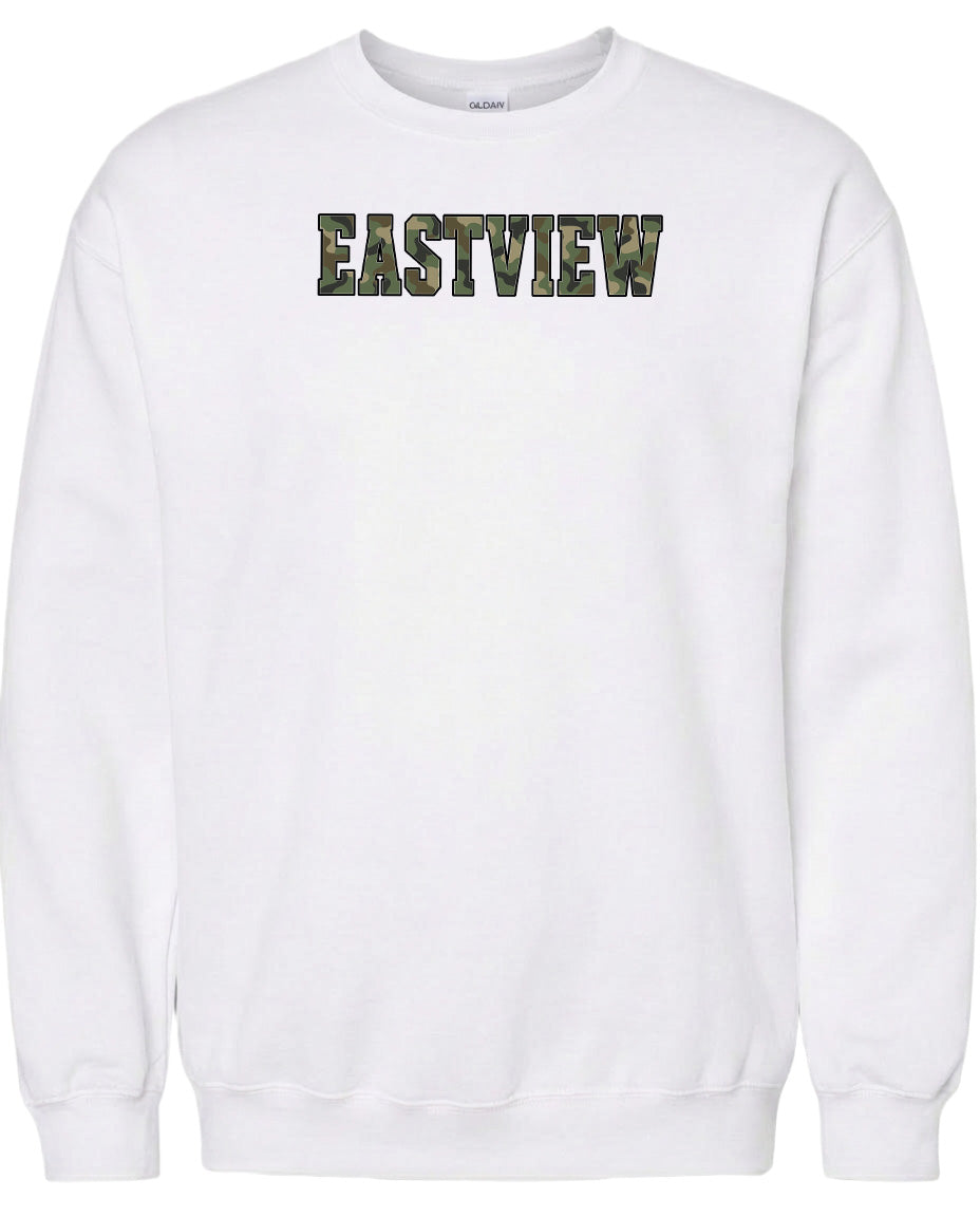 A white sweatshirt with the word "EASTVIEW" printed on it in a camouflage pattern.