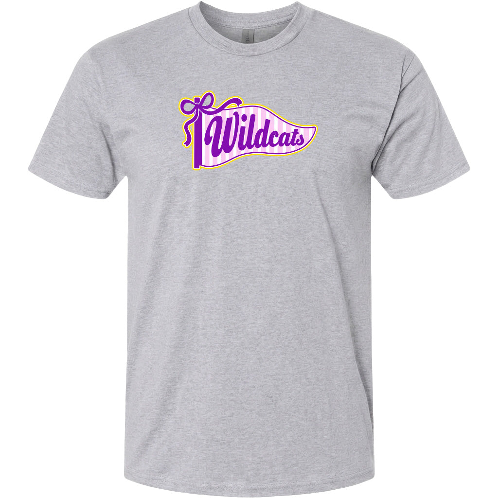 A gray t-shirt with a graphic design featuring the text "Wildcats" in purple and yellow colors.