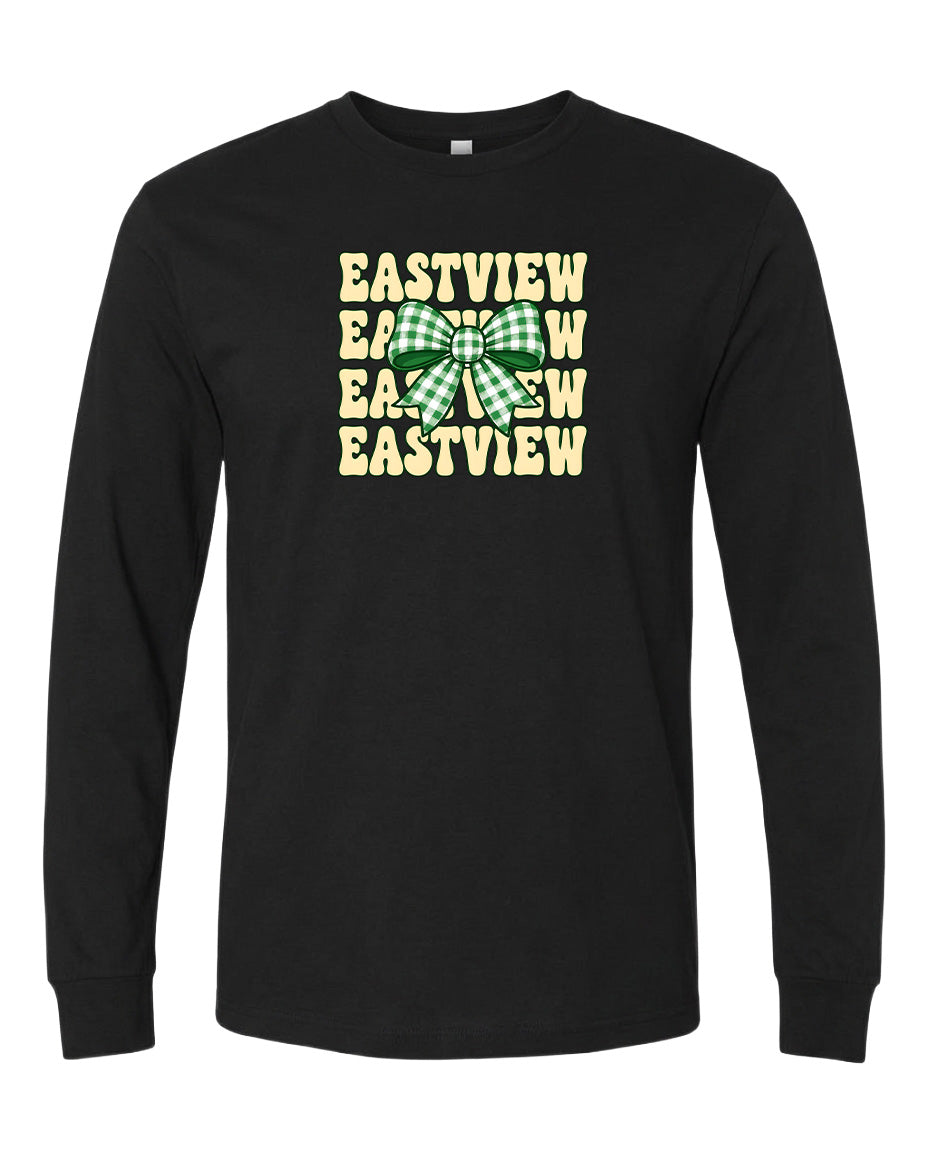 A black long-sleeved t-shirt with a graphic design featuring the text "EASTVIEW" repeated in a vertical orientation, with a green and white checkered bow in the center.