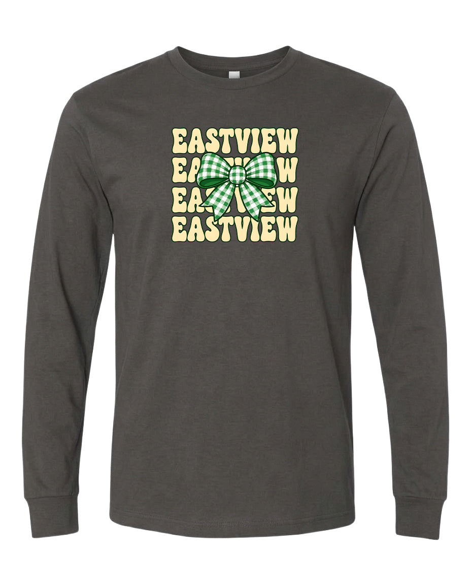 A gray long-sleeved t-shirt with a graphic design featuring a green and white bow and the text "EASTVIEW" repeated in a vertical pattern.
