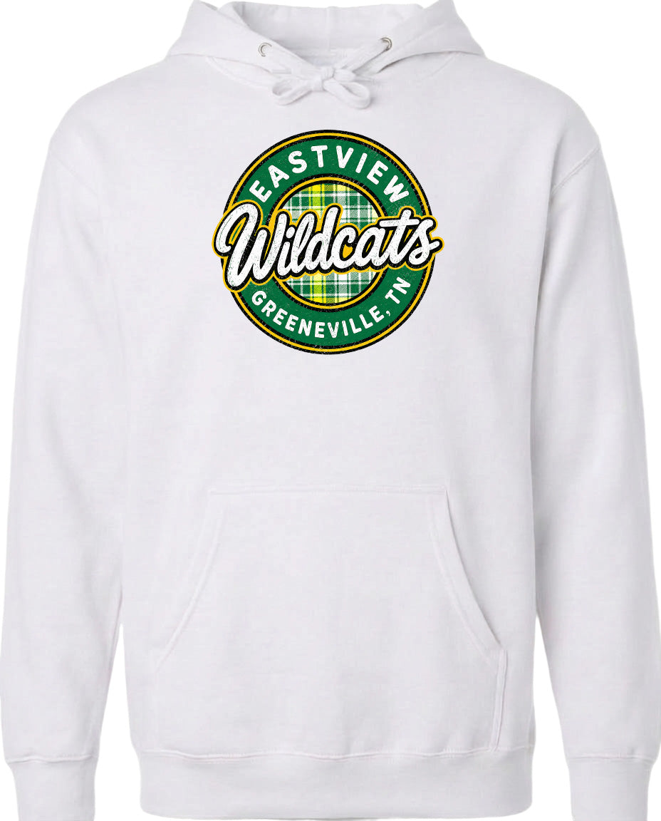 A white hoodie with a circular logo on the front.