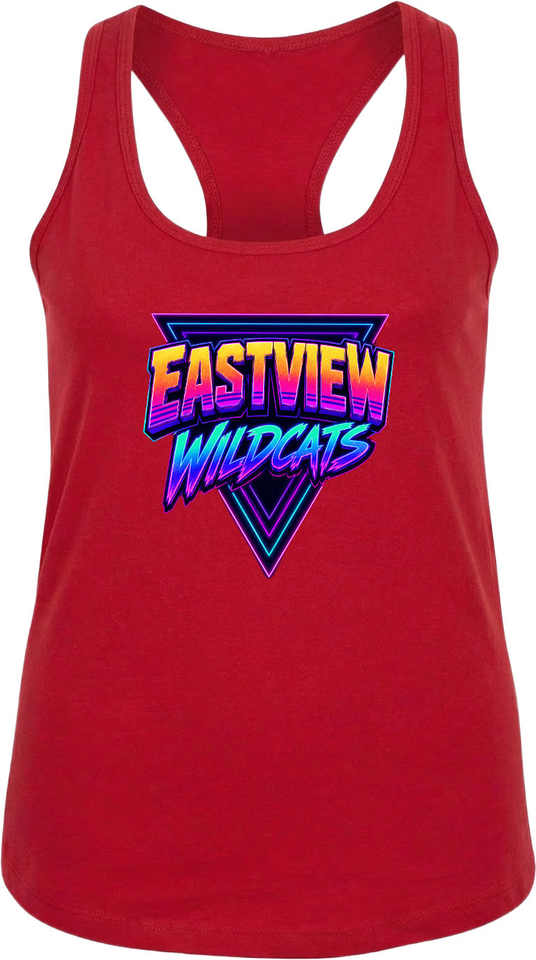 A red tank top with a graphic design featuring the text "EASTVIEW WILDCATS" in a colorful, retro-style font.