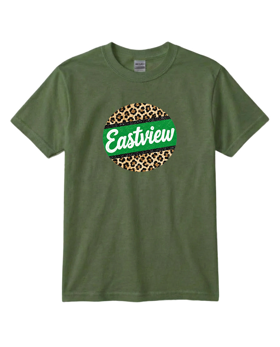 A green t-shirt with a circular logo that says "Eastview" in white text.