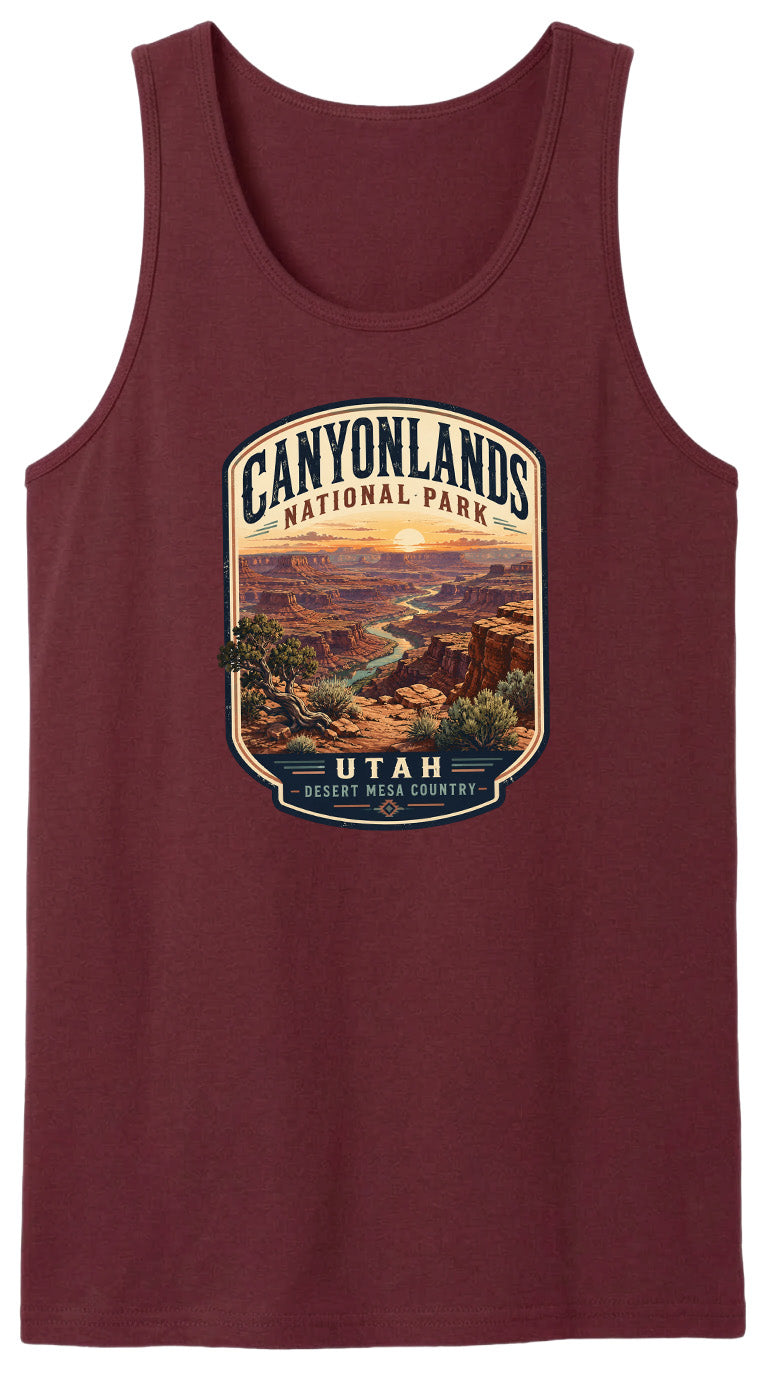 A red tank top with a graphic design depicting the scenic landscape of Canyonlands National Park in Utah.