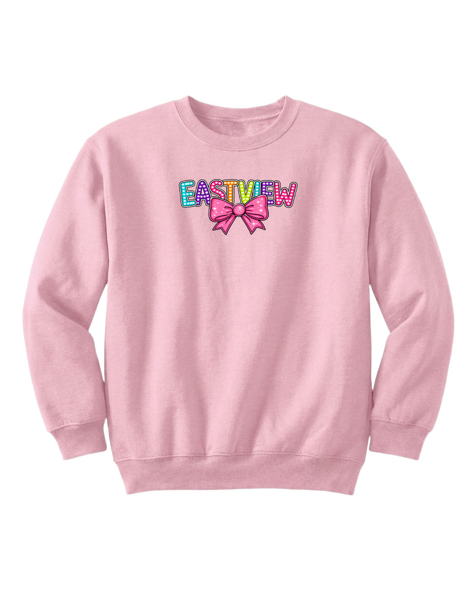 A pink sweatshirt with the word "EASTVIEW" printed on it, along with a bow.