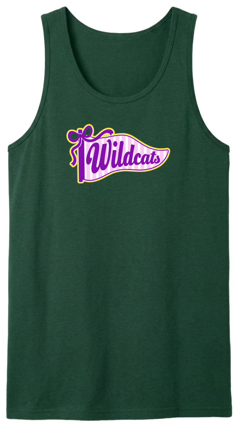 A green tank top with a purple and yellow graphic design featuring the text "Wildcats" on it.