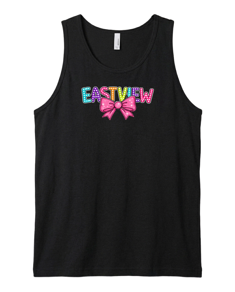 A black tank top with the word "EASTVIEW" printed in colorful letters with a bow design.