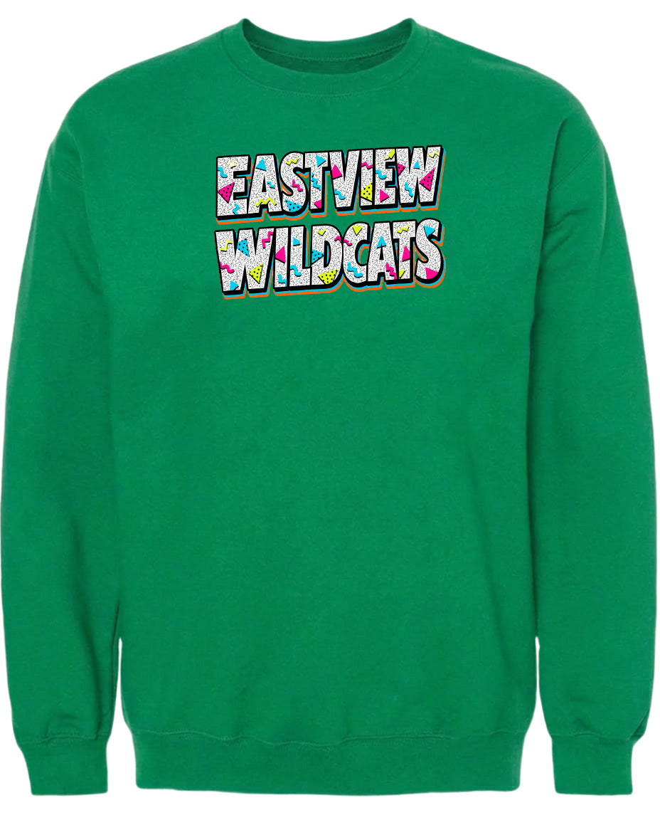 A bright green sweatshirt with the text "EASTVIEW WILDCATS" printed on it.