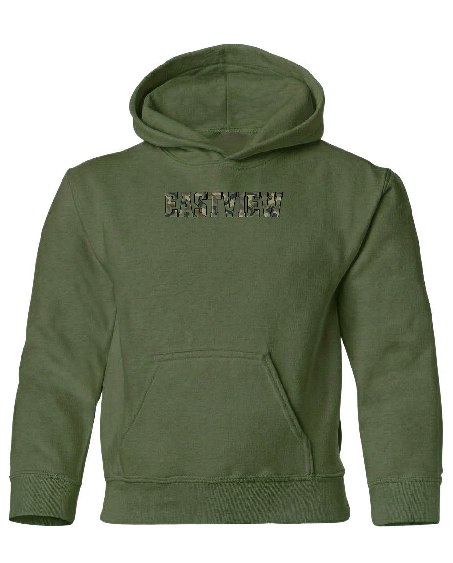 A green hoodie with the word "EASTVIEW" printed on it.