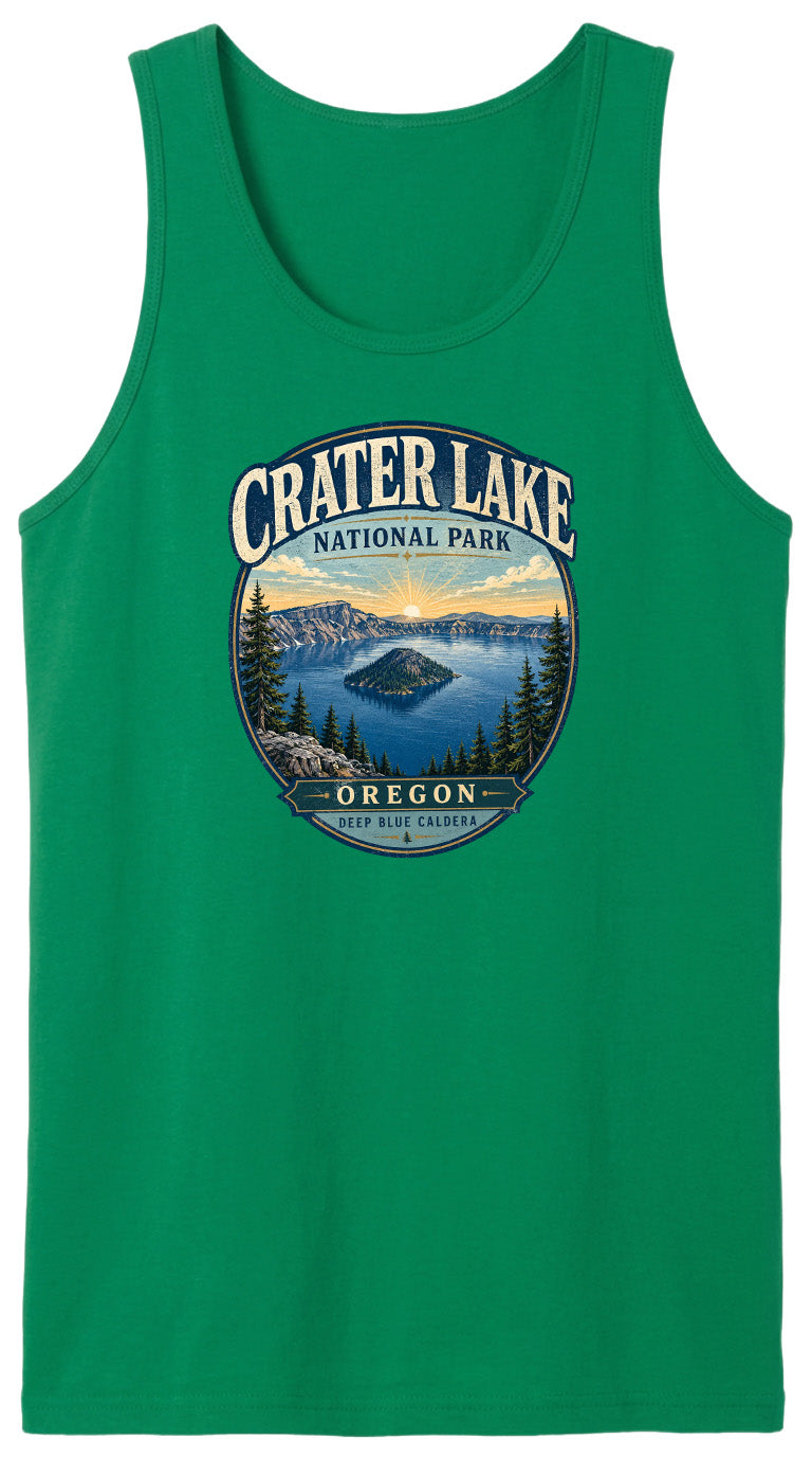 A green tank top with a graphic design depicting Crater Lake National Park in Oregon.