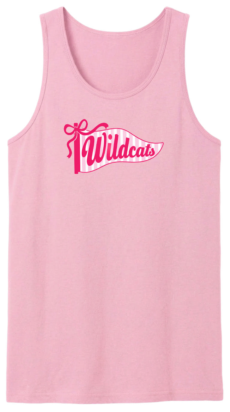 A pink tank top with a graphic design featuring the text "Wildcats" and a banner-like shape.