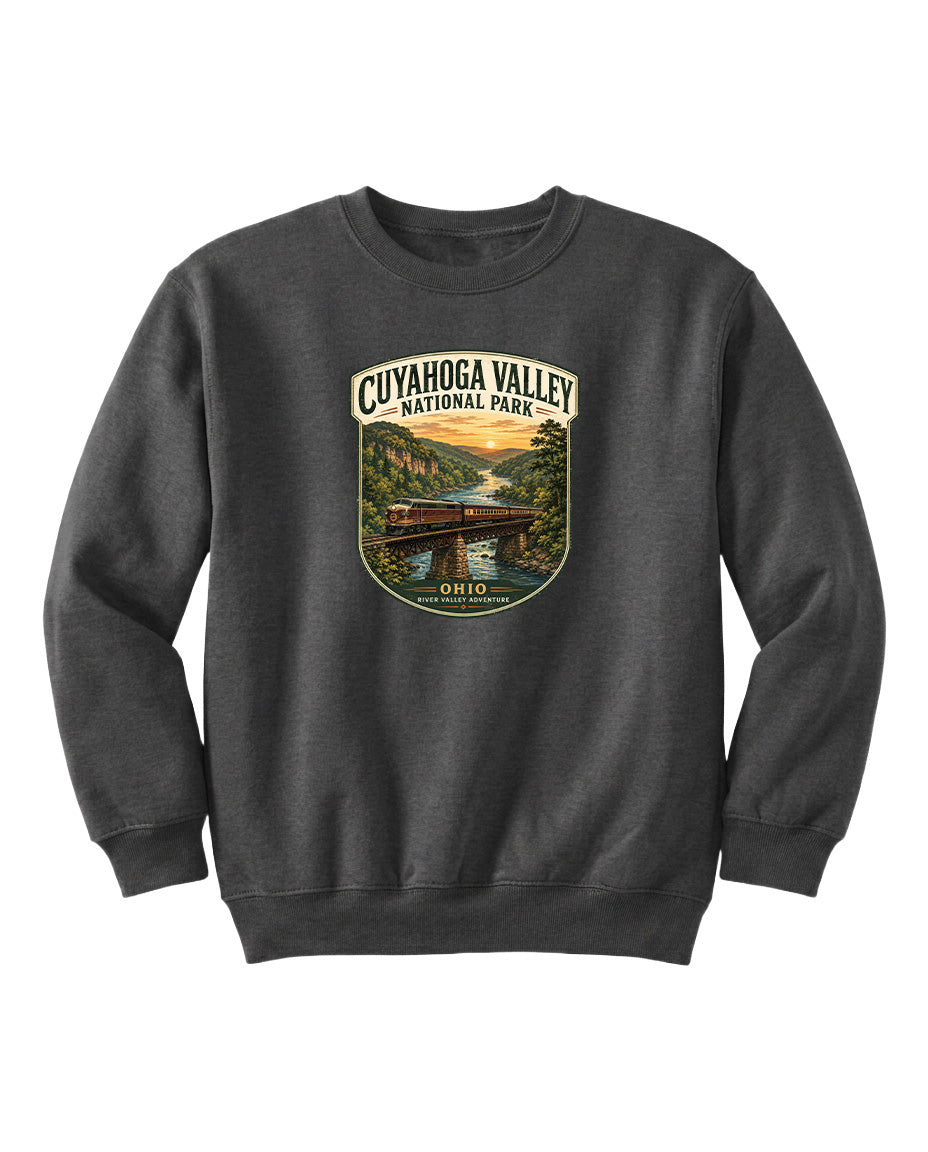 A gray sweatshirt with a graphic design depicting a scenic view of the Cuyahoga Valley National Park in Ohio.